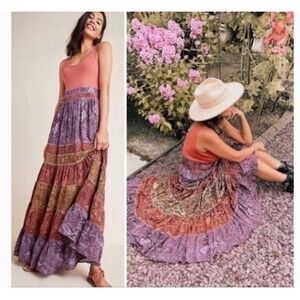 Anthropologie Colima Boho Tiered Snake Print Maxi Dress Size Large Multicolor